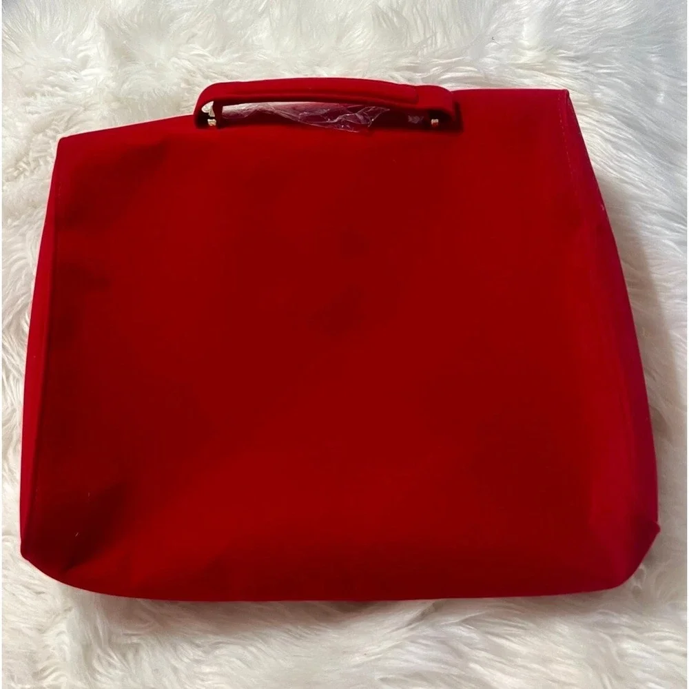Estee Lauder Red Velvet Bow Cosmetic Bag‎ Travel Makeup Case Gold Zipper New